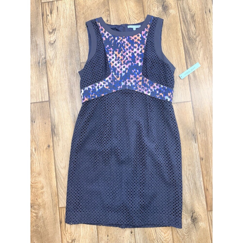 New Antonio Melani Women’s 14 Navy Cotton Eyelet Lace Watercolor Sheath Dress - Picture 1 of 16